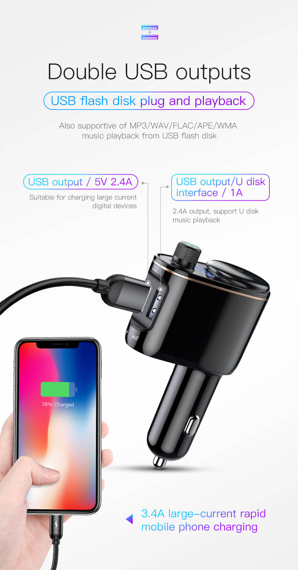 Baseus 3.4A Dual USB Car Charger For iPhone Bluetooth FM Transmitter Car Kit MP3 Player FM Modulator Fast Mobile Phone Charger