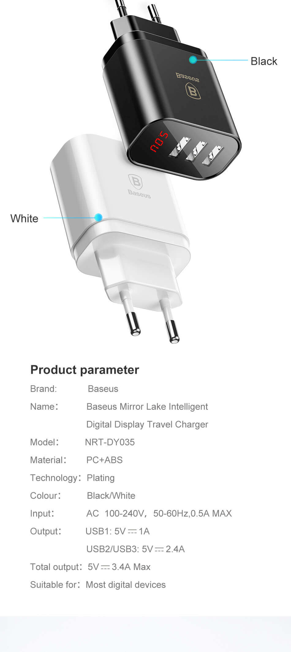 BASEUS Brand Mirror Charging Monitoring Intelligent Digital Display 3 USB EU Travel