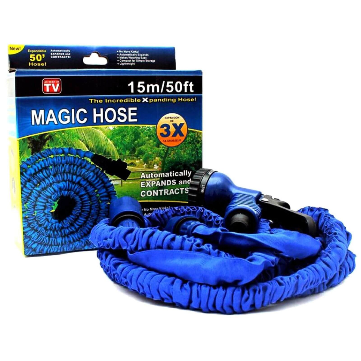50FT/15m Stretch Magic Water Pipe Household Hose Car Wash Gun Watering Garden Blue