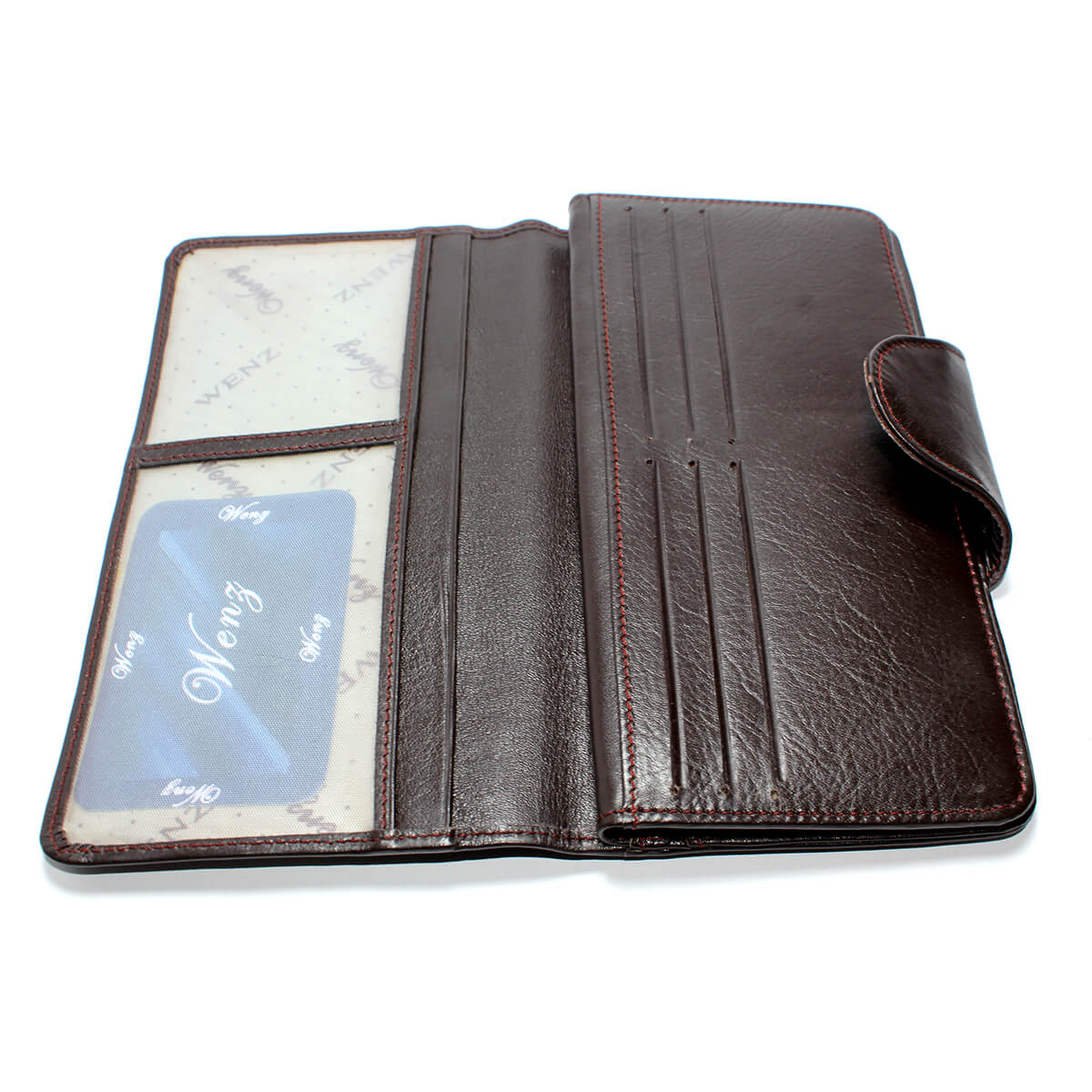 Genuine Leather Wenz Long Wallet Unisex Bifold Purse Brown